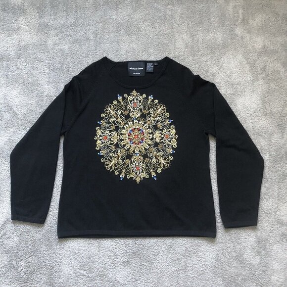 MICHAEL Simon Silk Blend Holiday sweater Pullover Gorgeous Ornament Party Bling - Picture 1 of 11